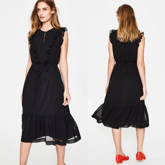Boden Dresses & Skirts - BODEN Elise Midi Dress in Black Draped Georgette Ruffle Notch Neck Size 12